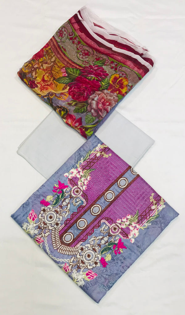 Summer Lawn Digital Printed Neck Embroidered With Printed Bamber Duppata  3Pcs